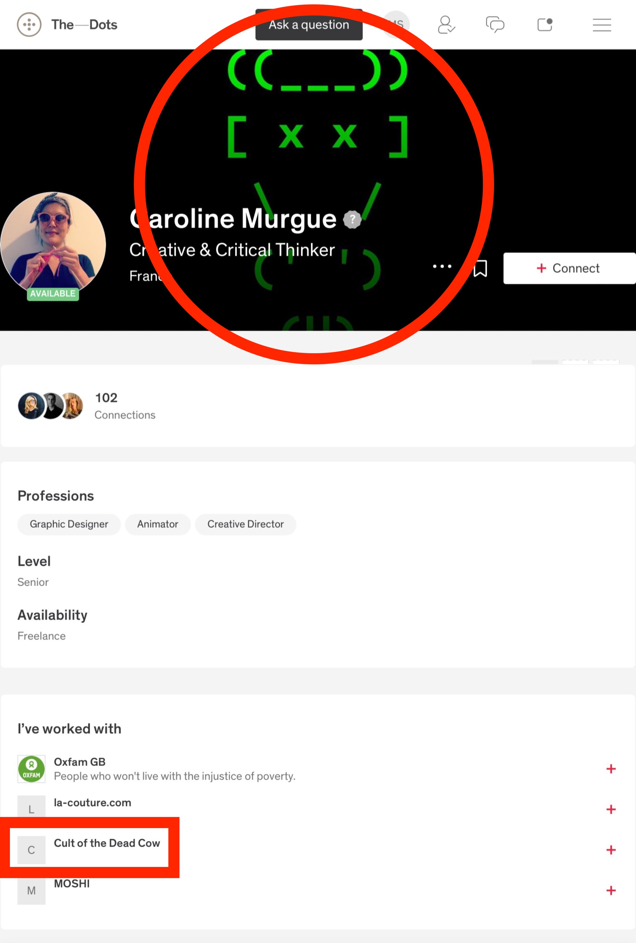 The October 23, 2022 profile page for Caroline Murgue on jobs site The-Dots. The banner image is the cDc ASCII cow skull logo, rendered in green text on a black background. Near the bottom of the page it reads: 'I've worked with [...] Cult of the Dead Cow'